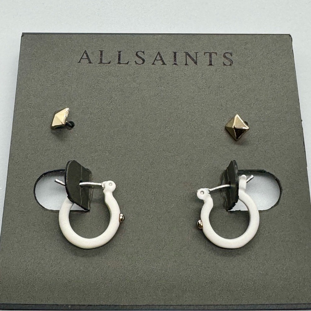 AllSaints Set of Huggie and Square‎ Stud Earrings White Enamel Gold Tone Brass